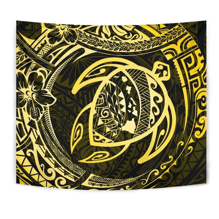 Alohawaii Tapestry - Hawaiian Turtle Polynesian Yellow Tapestry