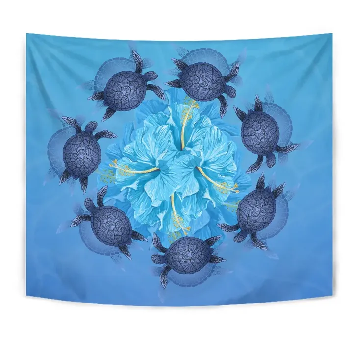 Alohawaii Tapestry - Hawaii Turtle Hibiscus Blue Tapestry