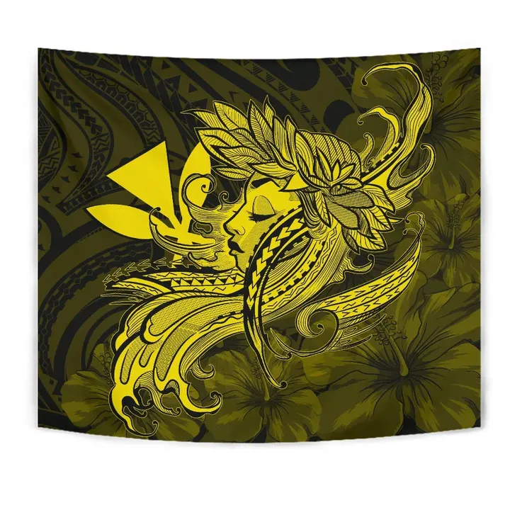 Alohawaii Tapestry - Hula Girl Hibiscus Kanaka Poly Tapestry - Yellow