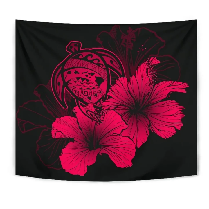 Alohawaii Tapestry - Hawaii Hibiscus Tapestry - Turtle Map - Red
