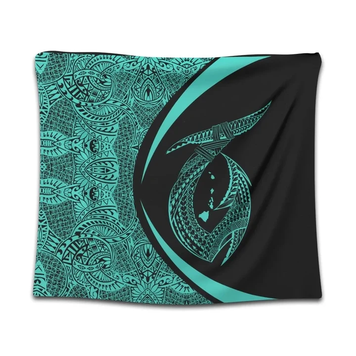 Alohawaii Tapestry - Hawaii Fish Hook Polynesian Tapestry - Circle Style Turquoise