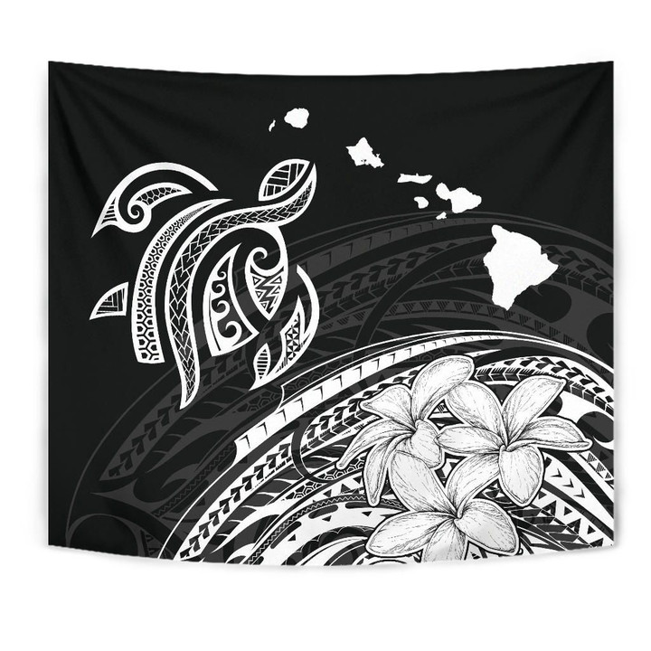 Alohawaii Tapestry - Hawaii Map Plumeria Polynesian White Tribal Tapestry