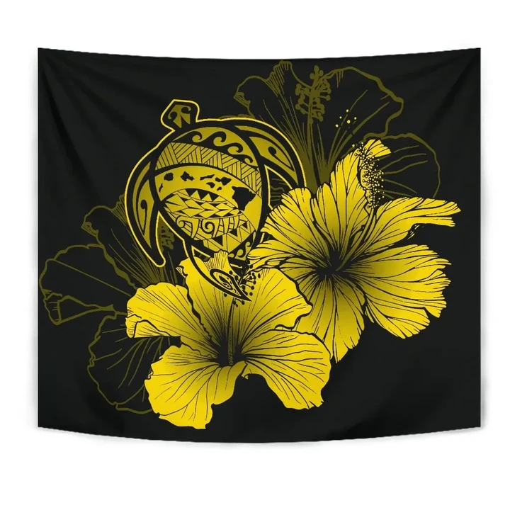 Alohawaii Tapestry - Hawaii Hibiscus Tapestry - Turtle Map - Yellow