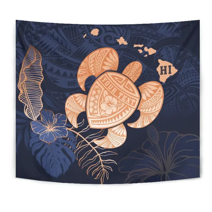 Alohawaii Tapestry - Personalized - Hawaii Kakau Polynesian Turtle Map Tapestry - Indigo