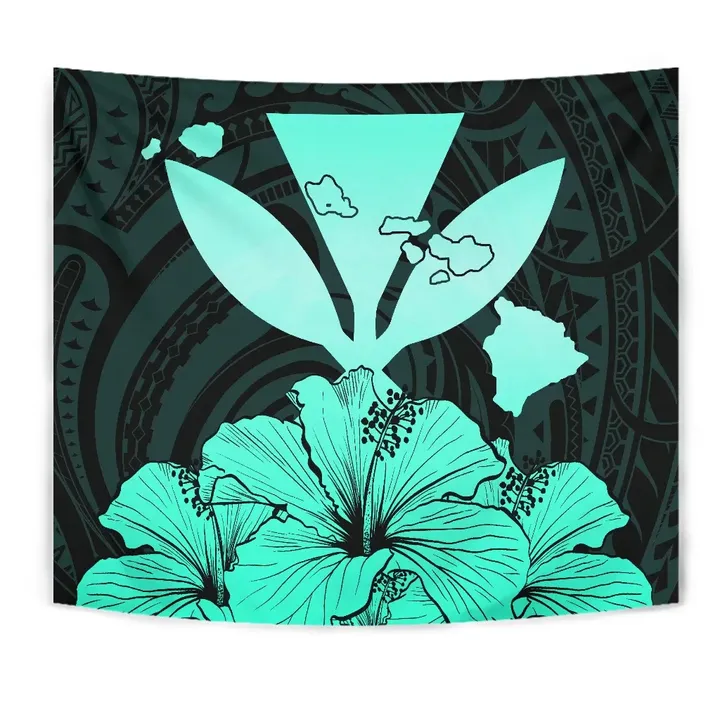 Alohawaii Tapestry - Hawaiian Kanaka Tapestry Hibiscus Polynesian Love Turquoise