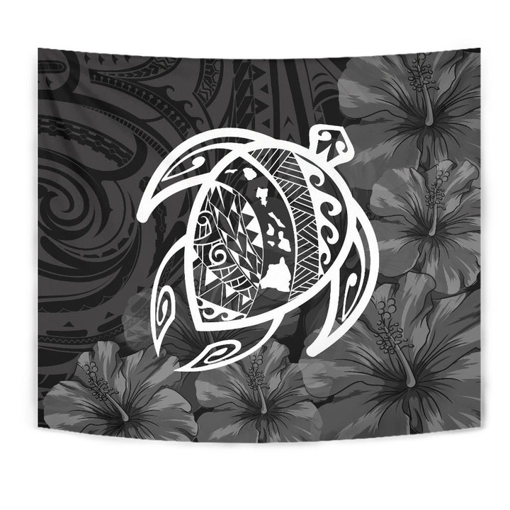 Alohawaii Tapestry - Hawaii Turtle Kanaka Map Hibiscus Poly Tapestry - White