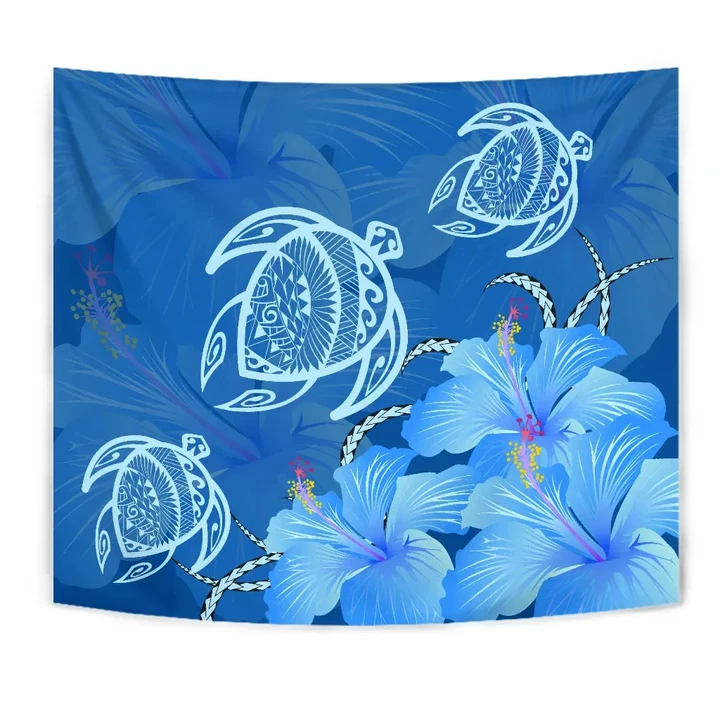Alohawaii Tapestry - Hawaii Blue Hibiscus Turtle Polynesian Tapestry