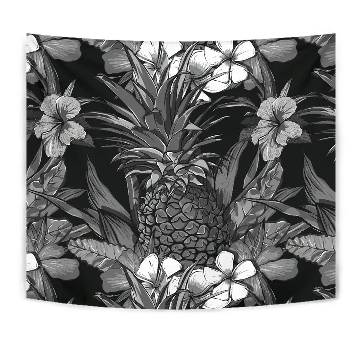 Alohawaii Tapestry - Pineapple Hibiscus Black And White Tapestry