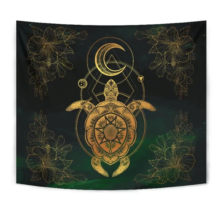 Alohawaii Tapestry - Turtle Hibiscus Golden Galaxy Tapestry