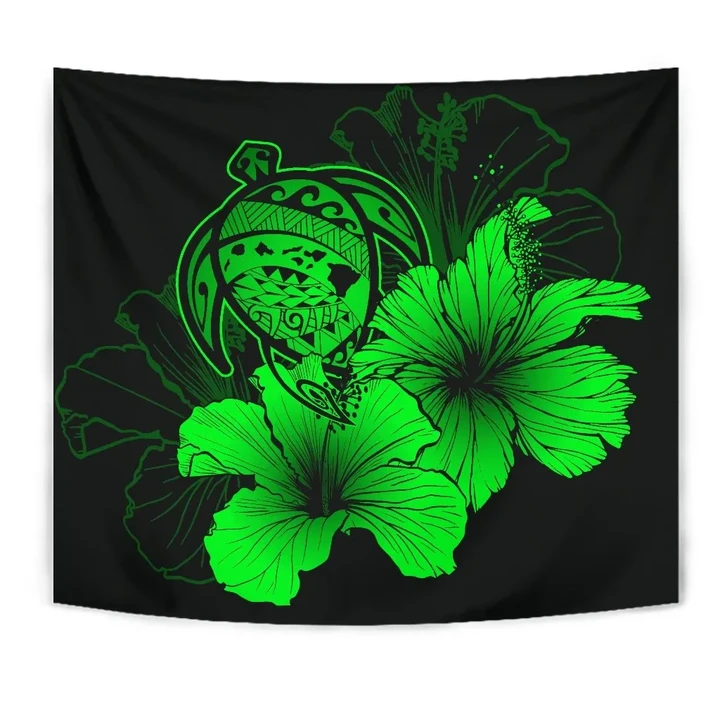 Alohawaii Tapestry - Hawaii Hibiscus Tapestry - Turtle Map - Green