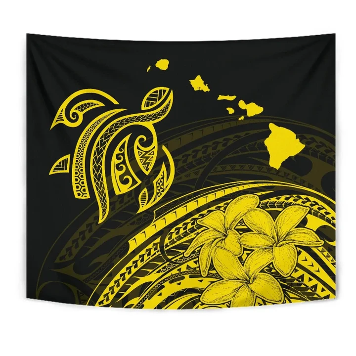 Alohawaii Tapestry - Hawaii Map Plumeria Polynesian Yellow Tribal Tapestry
