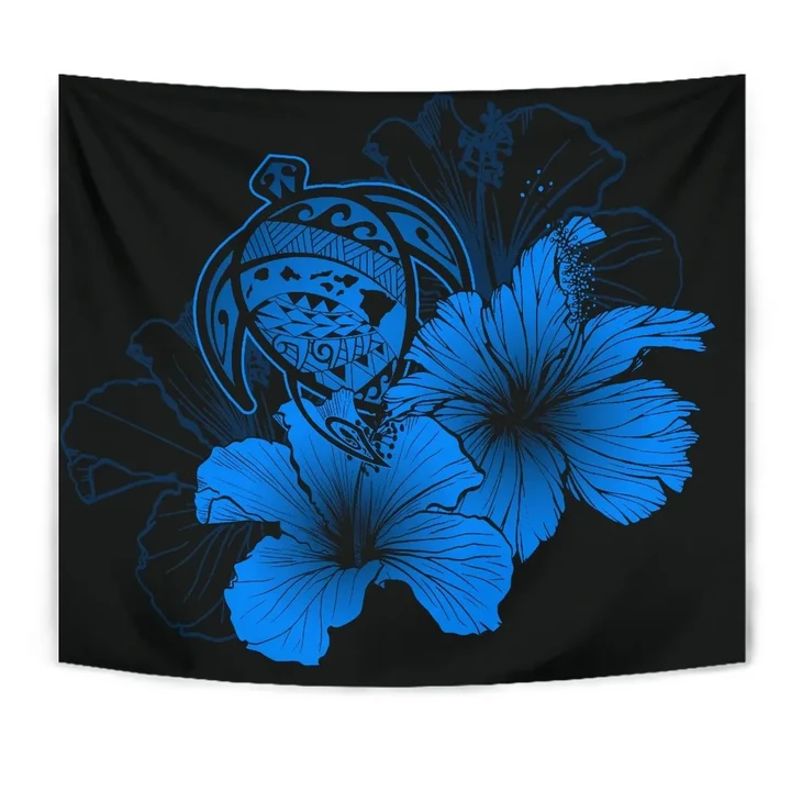 Alohawaii Tapestry - Hawaii Hibiscus Tapestry - Turtle Map - Traffic Blue