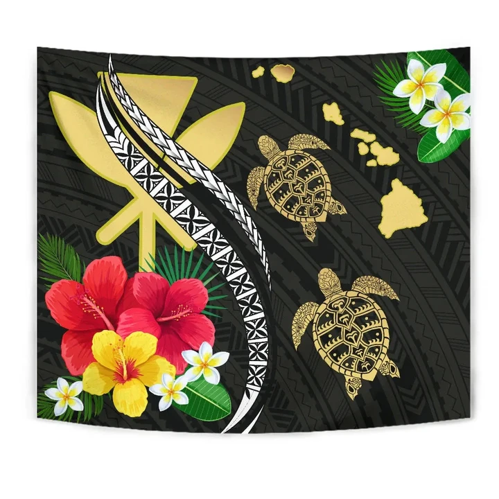 Alohawaii Tapestry - Hawaii Map Turtle Hibiscus Plumeria Polynesian - Tapestry