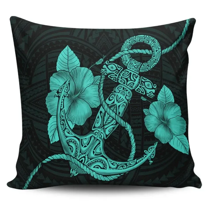 Alohawaii Home Set - Hawaiian Anchor Poly Tribal Hibiscus Polynesian Pillow Covers Turquoise