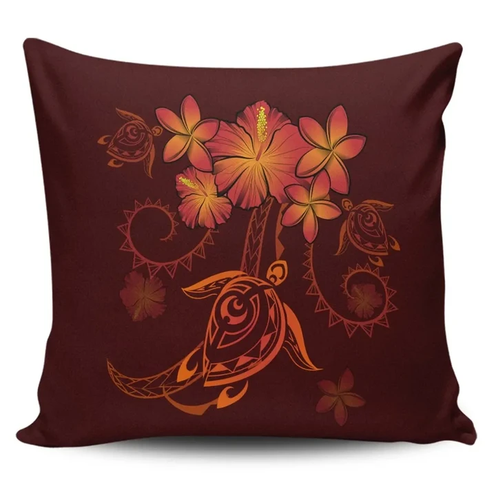 Alohawaii Home Set - Hawaiian Turtles Hibiscus Plumeria Polynesian Pillow Covers - Red