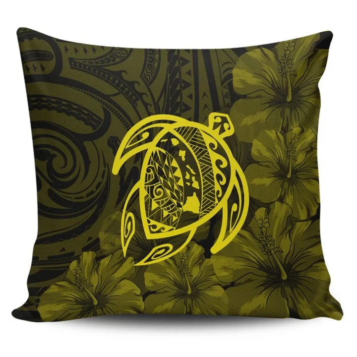 Alohawaii Home Set - Hawaiian Map Turtle Kanaka Hibiscus Polynesian Pillow Covers - Yellow