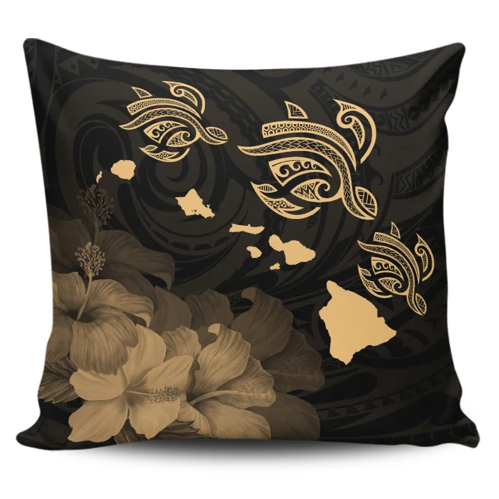 Alohawaii Home Set - Hawaii Hibiscus Map Polynesian Ancient Gold Turtle Pillow Covers