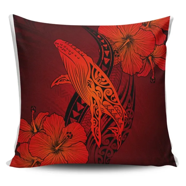 Alohawaii Home Set - Hawaiian Map Whale Swim Hibiscus Polynesian Pillow Covers - Red
