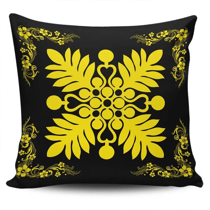 Alohawaii Home Set - Hawaiian Quilt Maui Plant And Hibiscus Pattern Pillow Covers - Yellow Black
