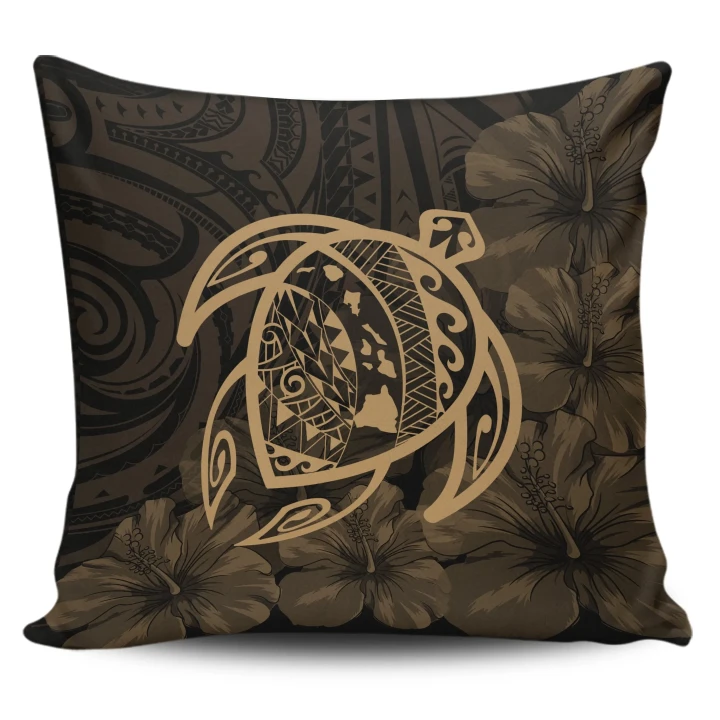 Alohawaii Home Set - Hawaii Turtle Map Hibiscus Poly Pillow Covers - Gold