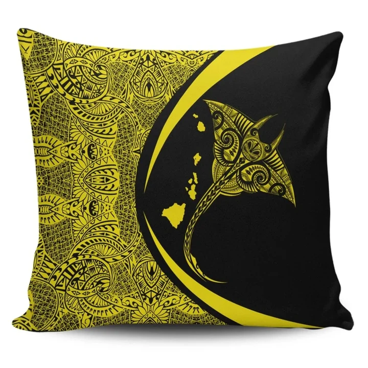 Alohawaii Home Set - Hawaiian Map Manta Ray Polynesian Pillow Covers - Yellow - Circle Style