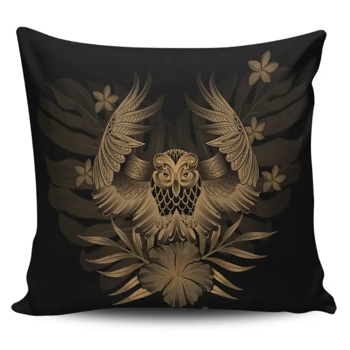 Alohawaii Home Set - Hawaiian Owl Hibiscus Plumeria Polynesian Pillow Covers - Gold
