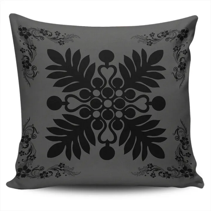 Alohawaii Home Set - Hawaiian Quilt Maui Plant And Hibiscus Pattern Pillow Covers - Black Gray
