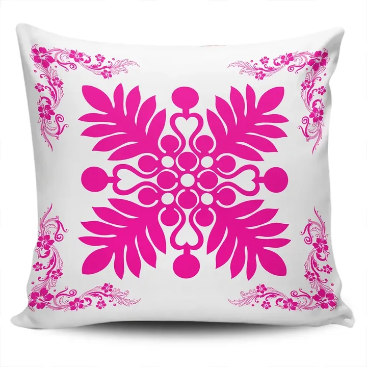 Alohawaii Home Set - Hawaiian Quilt Maui Plant And Hibiscus Pattern Pillow Covers - Pink White