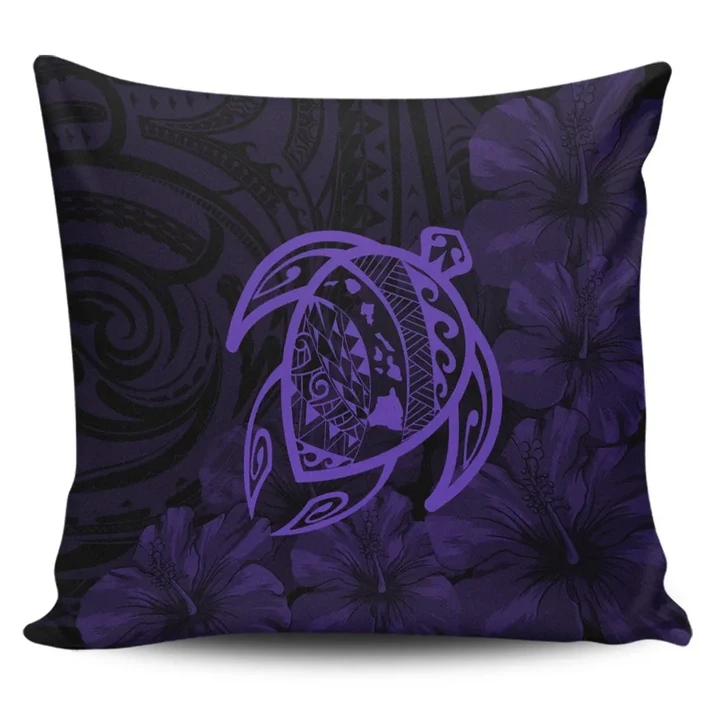 Alohawaii Home Set - Hawaiian Map Turtle Kanaka Hibiscus Polynesian Pillow Covers - Purple
