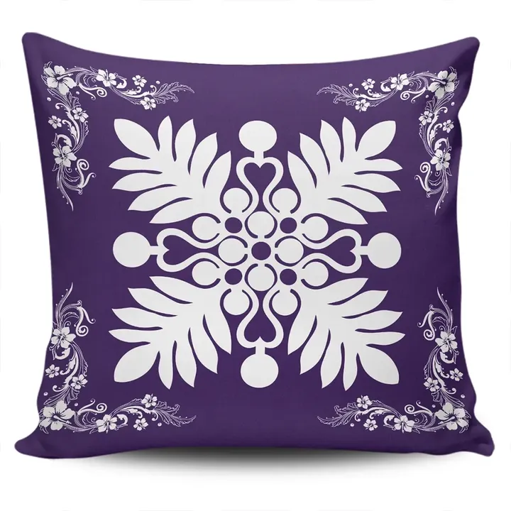 Alohawaii Home Set - Hawaiian Quilt Maui Plant And Hibiscus Pattern Pillow Covers - White Purple