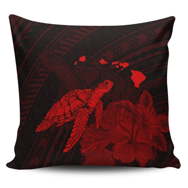 Alohawaii Home Set - Hawaii Polynesian Hibiscus Turtle Map Pillow Covers Red
