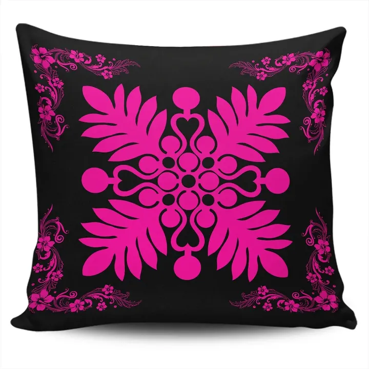 Alohawaii Home Set - Hawaiian Quilt Maui Plant And Hibiscus Pattern Pillow Covers - Pink Black