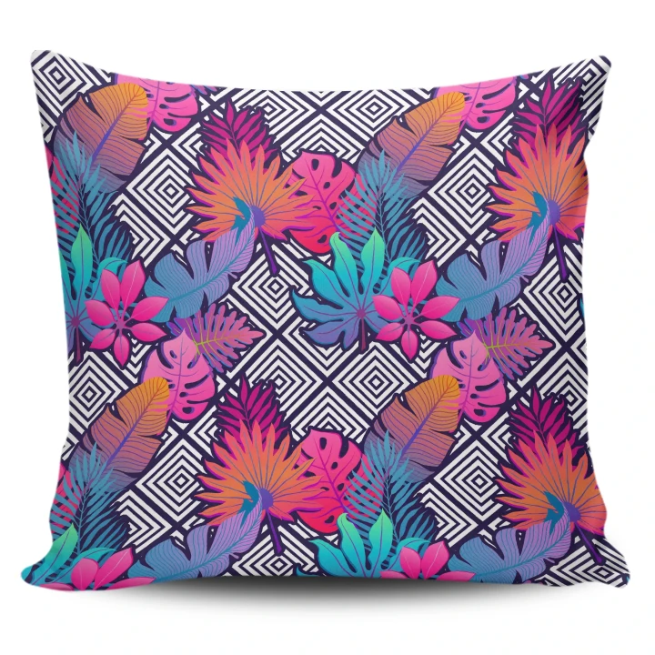 Alohawaii Home Set - Hawaii Pillow Cover Tropical Exotic Leaves And Flowers On Geometrical Ornament