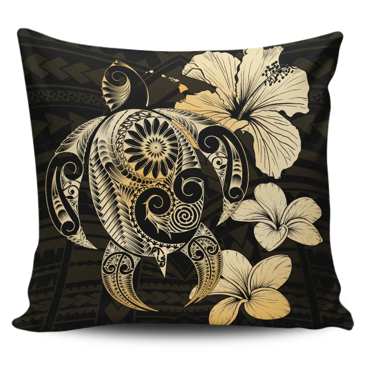 Alohawaii Home Set - Hibiscus Plumeria Mix Polynesian Gold Turtle Pillow Covers