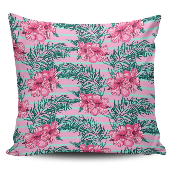 Alohawaii Home Set - Hawaii Pillow Cover Tropical Flowers Palm Leaves Hibiscus Strips