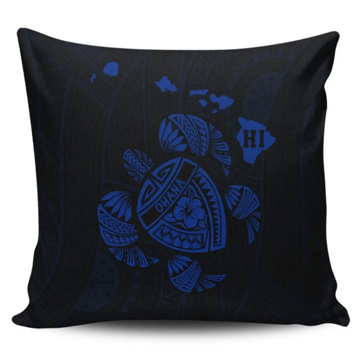 Alohawaii Home Set - Hawaiian Map Turtle Ohana Hibicus Polynesian Pillow Covers - Blue