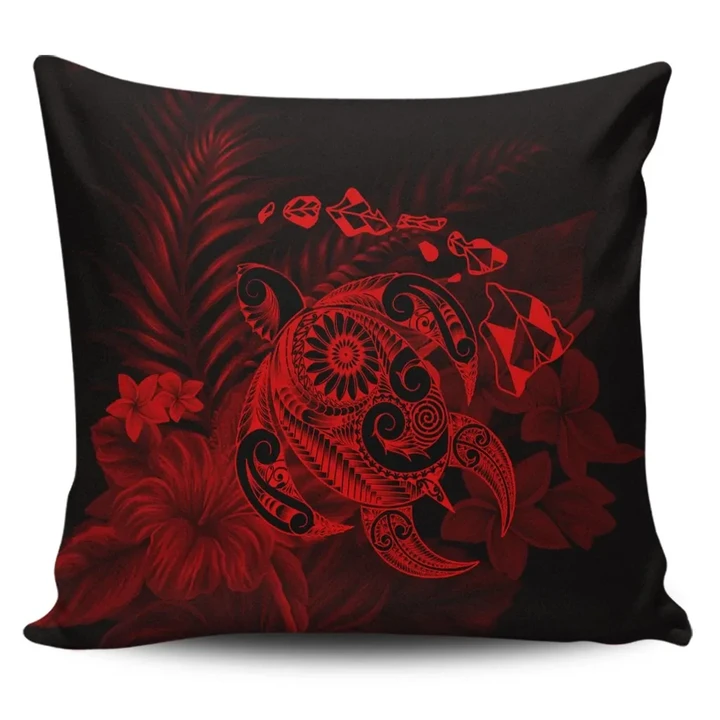Alohawaii Home Set - Hawaiian Map Turtle Tattoo Hibiscus Plumeria Polynesian Pillow Covers - Red