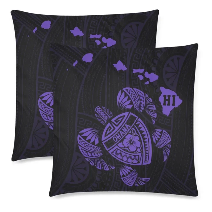 Alohawaii Home Set - Hawaiian Map Turtle Ohana Hibiscus Kakau Polynesian Pillow Cover - Purple