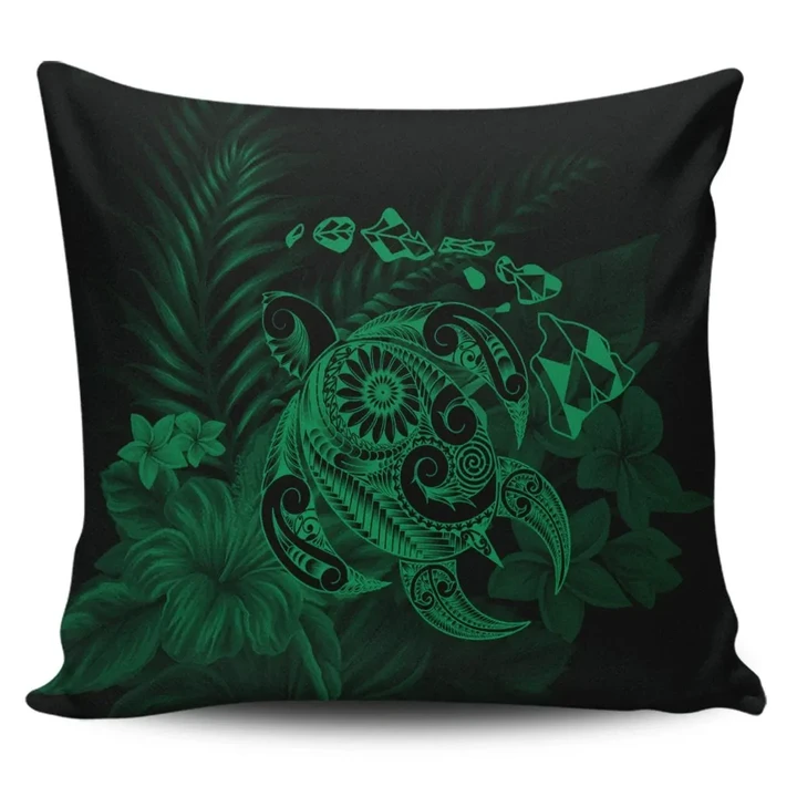 Alohawaii Home Set - Hawaiian Map Turtle Tattoo Hibiscus Plumeria Polynesian Pillow Covers - Green