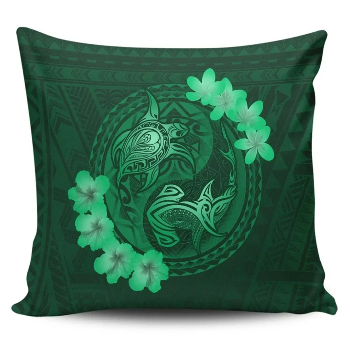 Alohawaii Home Set - Hawaii Yin Yang Turtle Shark Hibiscus Plumeria Pillow Covers - Green