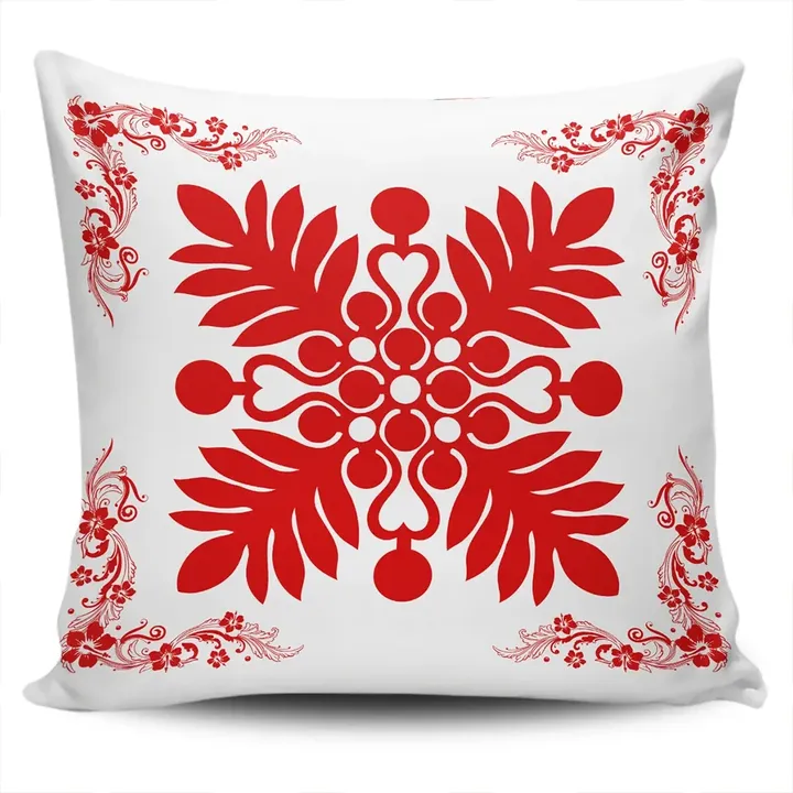 Alohawaii Home Set - Hawaiian Quilt Maui Plant And Hibiscus Pattern Pillow Covers - Red White