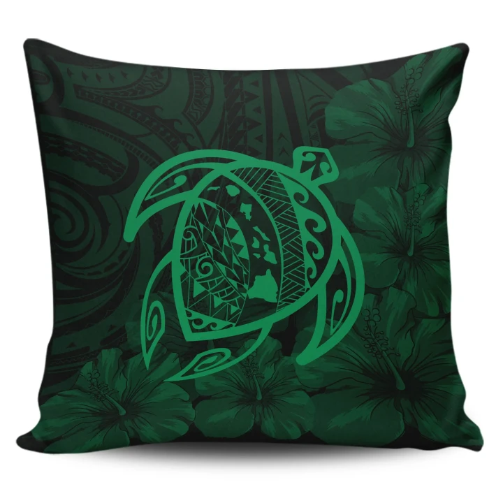 Alohawaii Home Set - Hawaii Turtle Map Hibiscus Poly Pillow Covers - Green