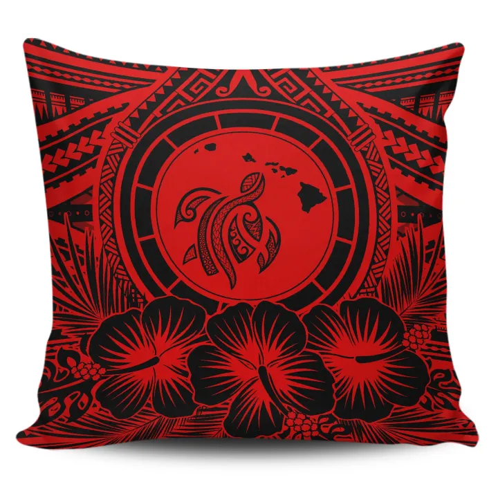 Alohawaii Home Set - Hawaii Map Honu Hibiscus Red Polynesian Pillow Covers