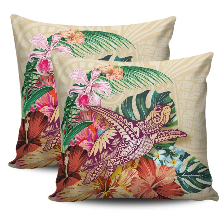 Hawaii Tropical Hibiscus Plumeria Turtle Beige Pillow Cover - AH - J4 - Alohawaii