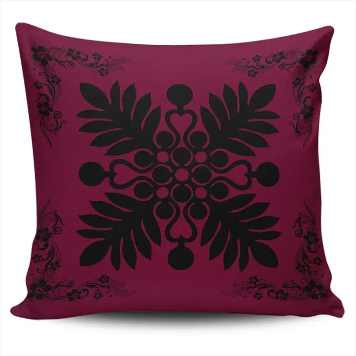 Alohawaii Home Set - Hawaiian Quilt Maui Plant And Hibiscus Pattern Pillow Covers - Black Burgundy