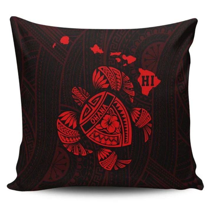 Alohawaii Home Set - Hawaiian Map Turtle Ohana Hibicus Polynesian Pillow Covers - Red