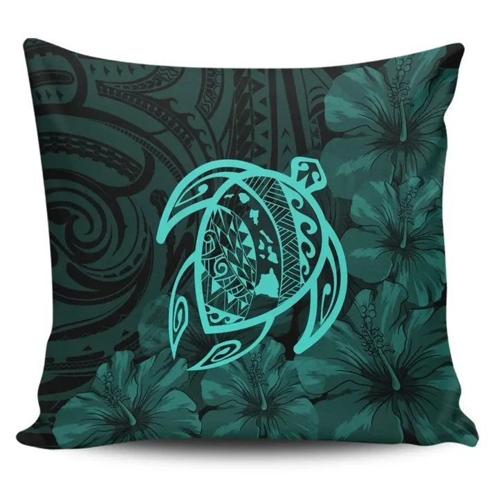 Alohawaii Home Set - Hawaiian Map Turtle Kanaka Hibiscus Polynesian Pillow Covers - Turquoise