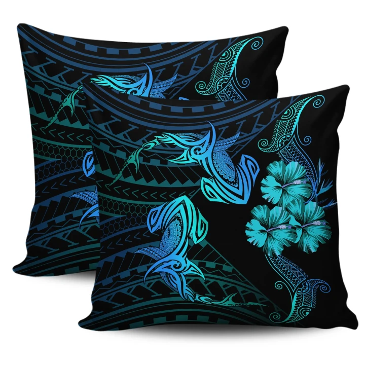 Alohawaii Home Set - Hawaii Couple Shark Hibiscus Polynesian Pillow Covers - Blue - Mina Style