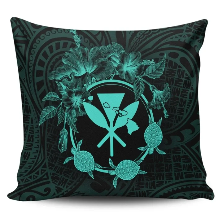 Alohawaii Home Set - Hawaii Kanaka Turtle Hibiscus Polynesian Pillow Covers - Anthea Style Turquoise