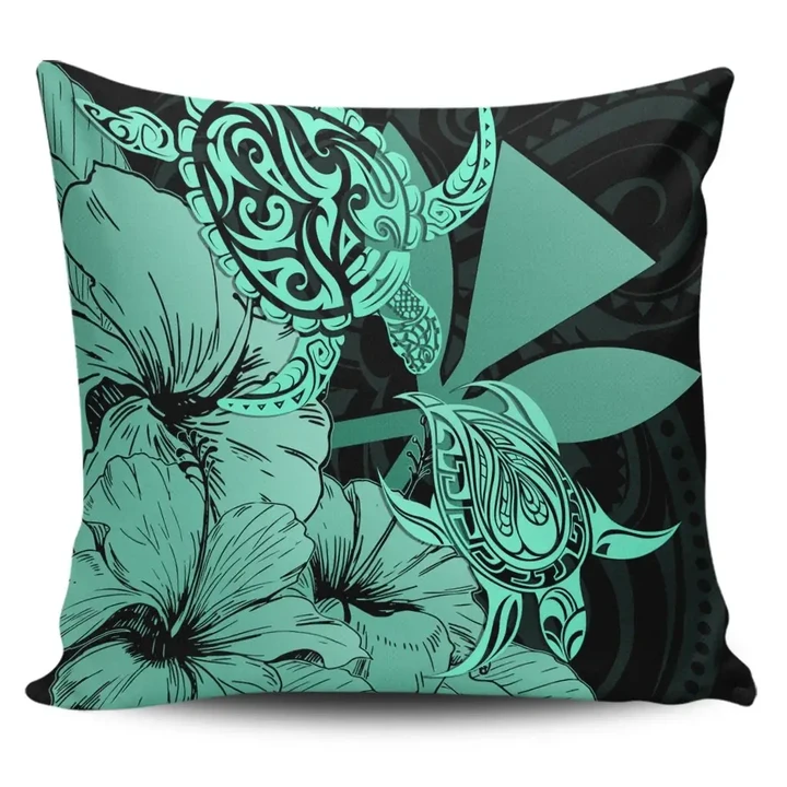 Alohawaii Home Set - Hawaii Turtle Pillow Covers Polynesian Hibiscus Art Ver 2.0 Turquoise